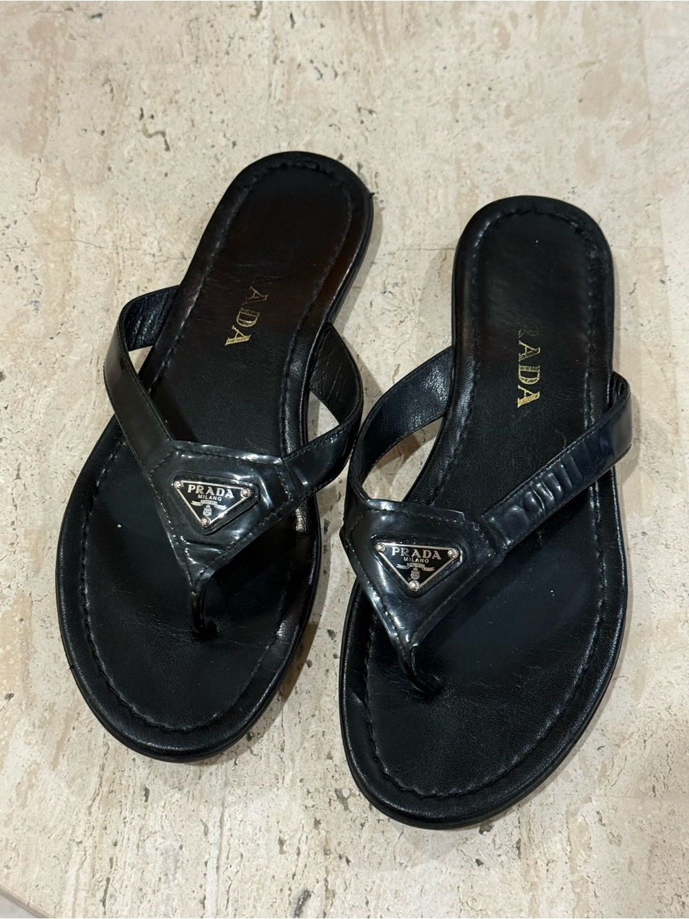Authentic Prada Milano Black Leather Logo Thong Sandals EU 36 Made in Italy - Picture 1 of 8